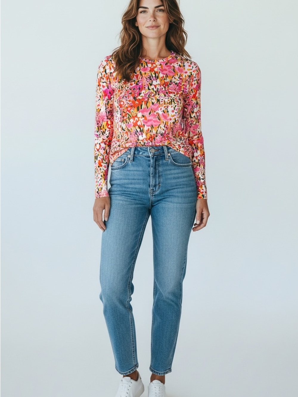 Leslie Evers Pink Floral Spandex Stretch Long Sleeve Top Size Small